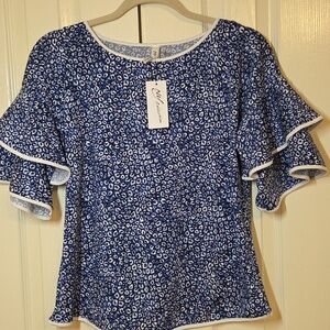 NY Collection Blue Animal Print Ruffle Sleeve Blouse
